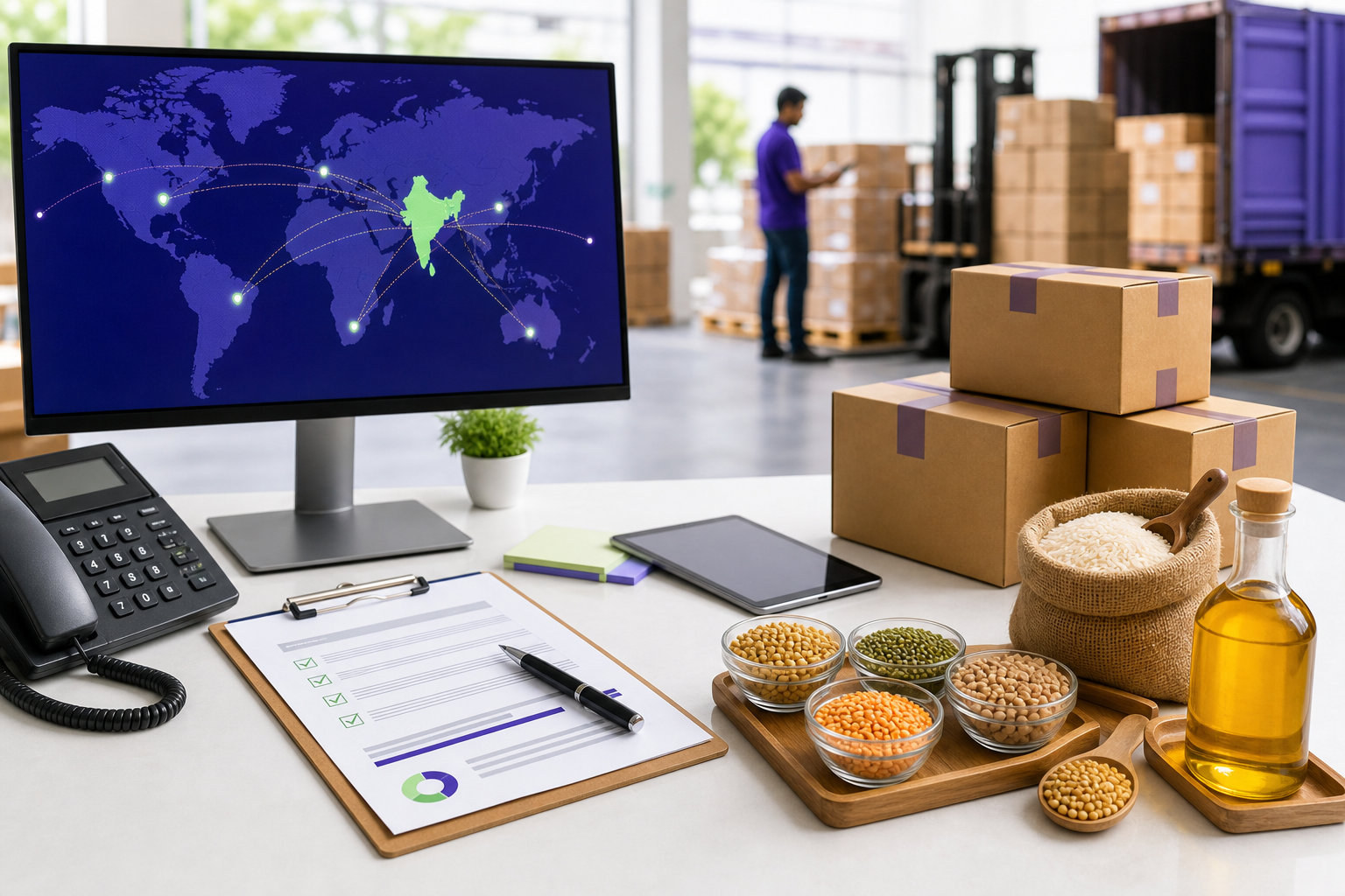 Procurement coordination desk with trade route screen and dispatch products