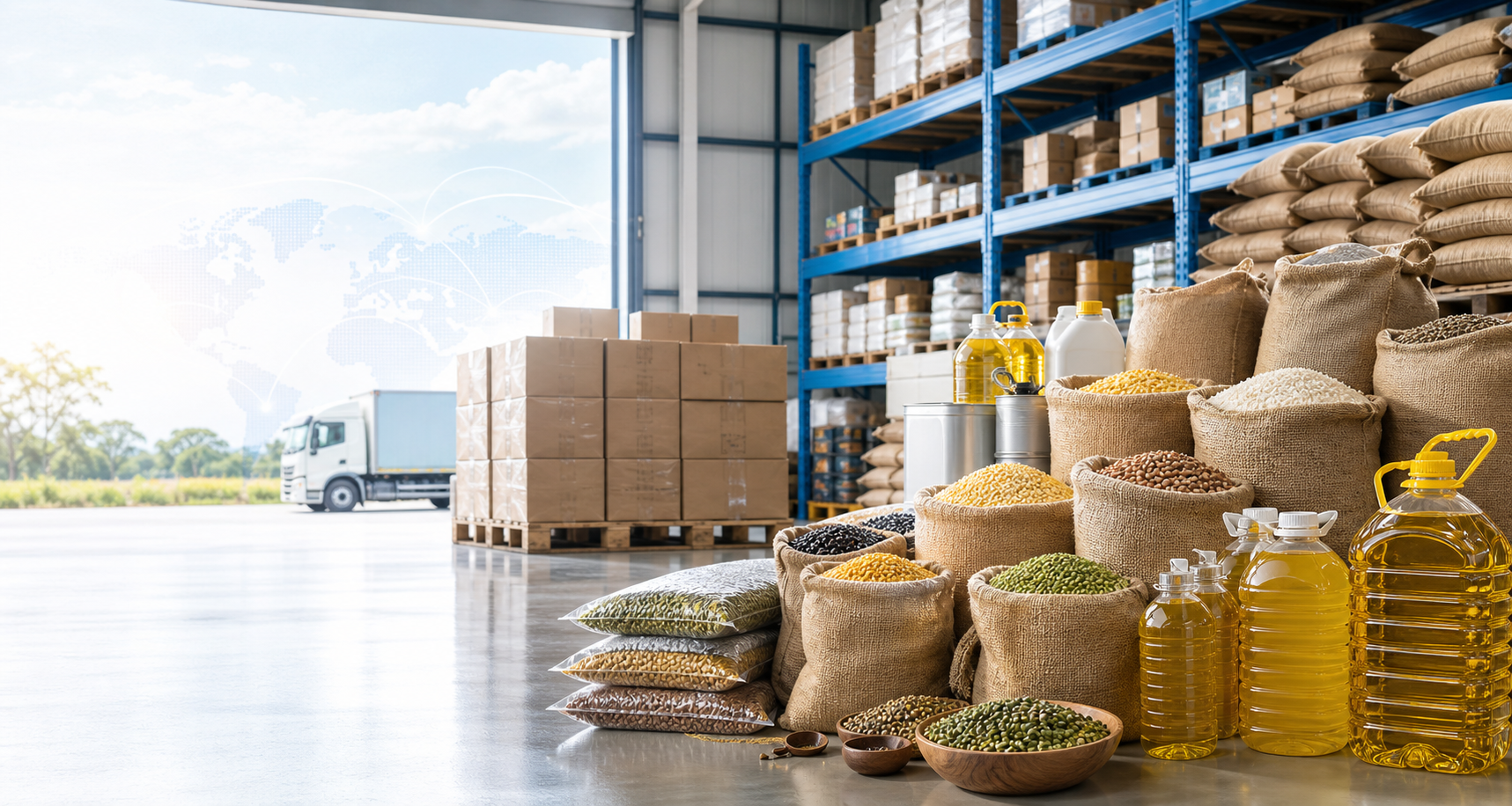 Organized agro commodity warehouse with grains, edible oils, and export cartons